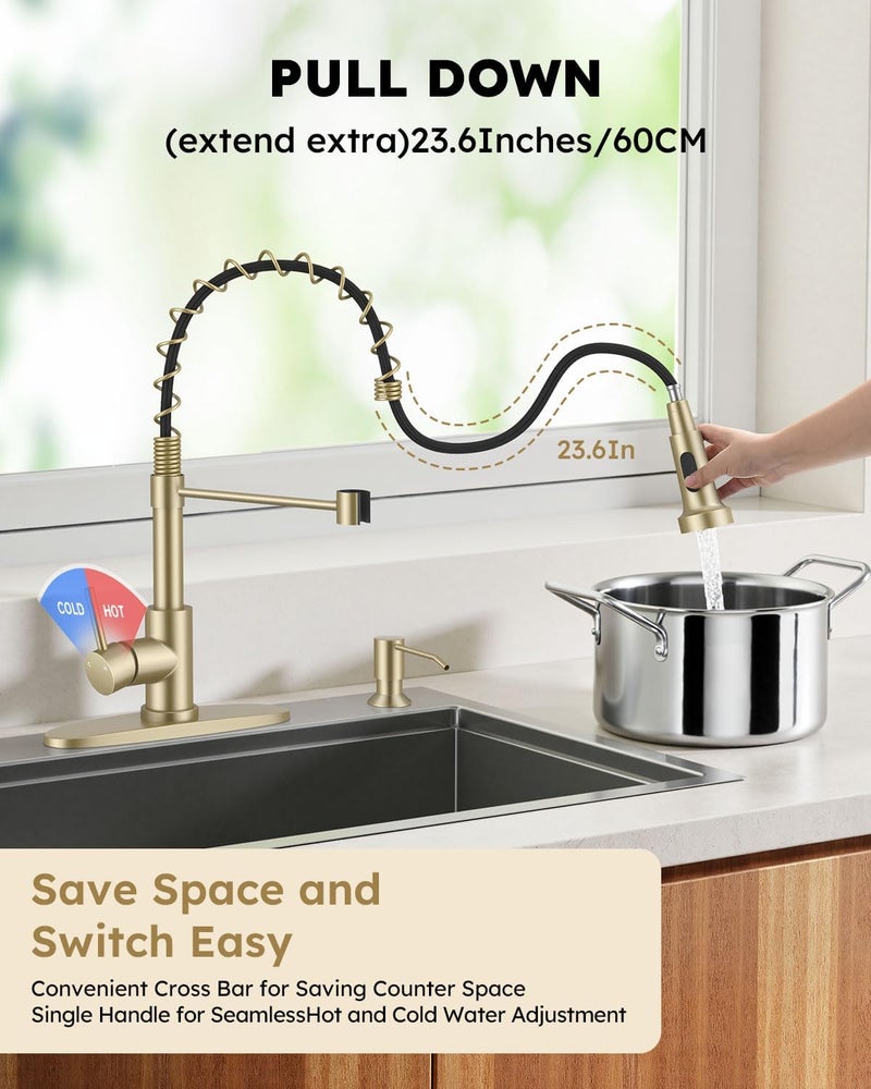Arofa Kitchen Faucet with Soap Dispenser, Gold Stainless Steel Kitchen Sink Faucets with Pull-Down Sprayer 2 Mode, High Arc Modern Spring Faucet for 1 or 3 Hole, RV & Bathroom Faucets with Sprayer - Image 2
